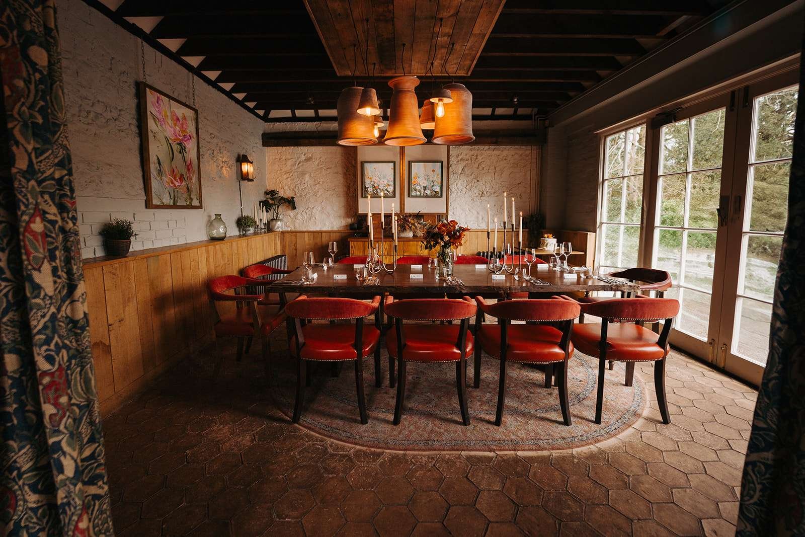 Rustic wedding reception setup inside The Cart & Horses, captured by a Winchester wedding photographer.