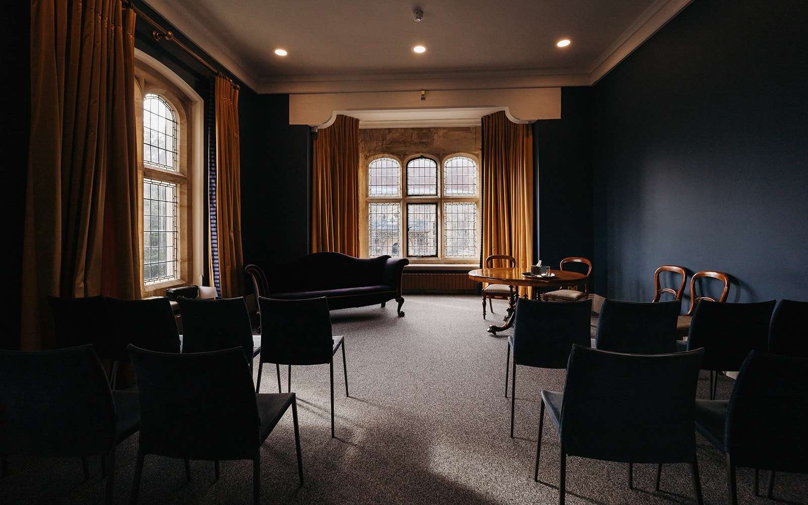 The Castle Room at Winchester Registry Office set up for an intimate civil wedding ceremony.